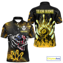 Load image into Gallery viewer, Yellow Flaming American Flag Skull Bowling Shirt For Men Custom Fire Bowling Team Jersey TDM4694