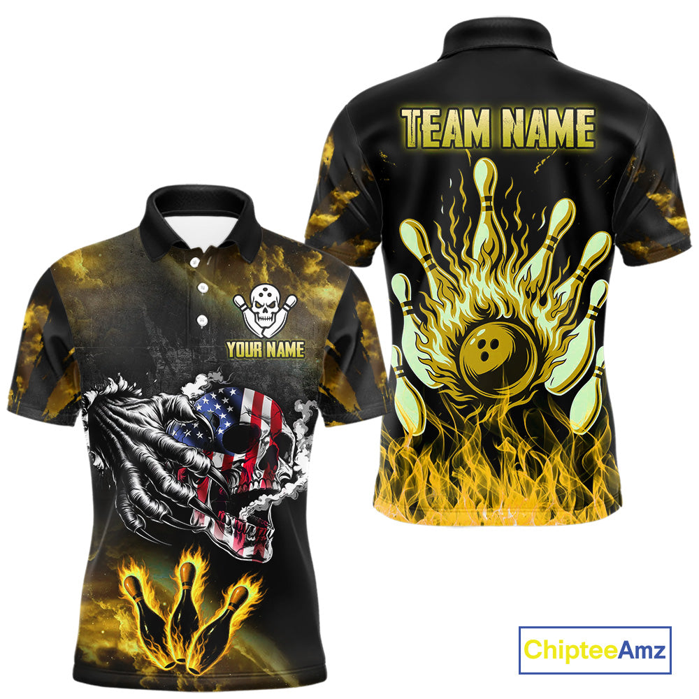 Yellow Flaming American Flag Skull Bowling Shirt For Men Custom Fire Bowling Team Jersey TDM4694