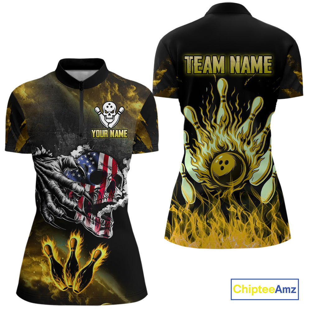 Yellow Flaming American Flag Skull Bowling Shirt For Women Custom Fire Bowling Team Jersey TDM4694