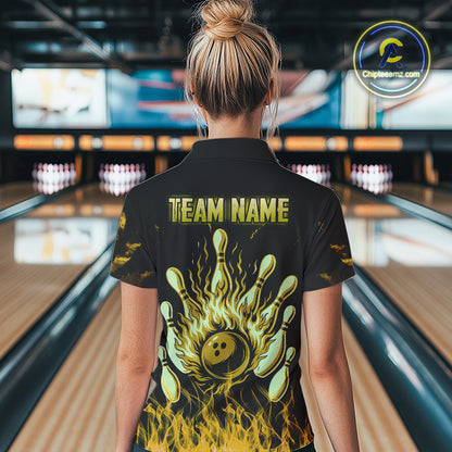 Yellow Flaming American Flag Skull Bowling Shirt For Women Custom Fire Bowling Team Jersey TDM4694