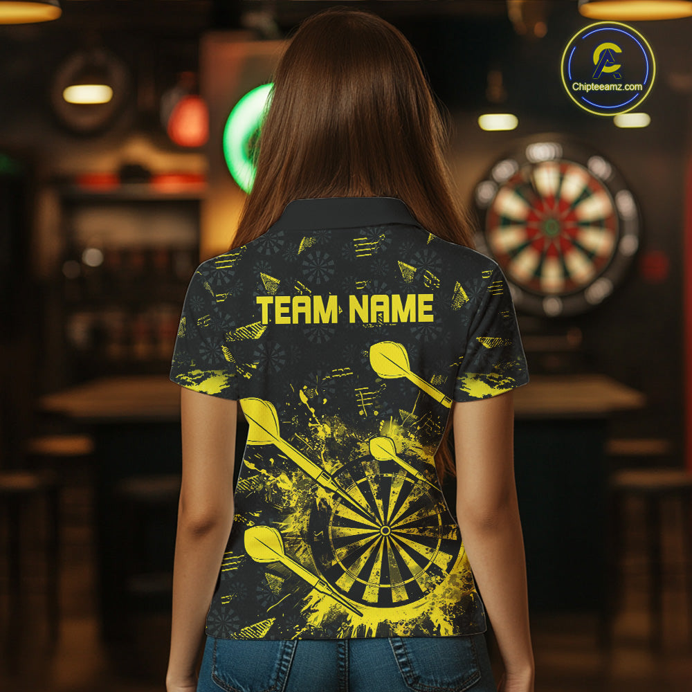 Black And Yellow Grunge Darts Polo, Quarter Zip For Women Custom Dart Shirts For Team Dart Jerseys TDM4697