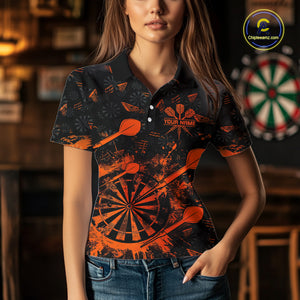 Black And Orange Grunge Darts Polo, Quarter Zip For Women Custom Dart Shirts For Team Dart Jerseys TDM4698