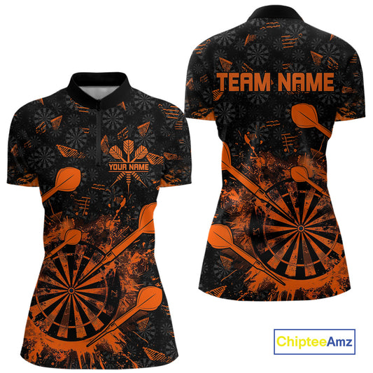 Black And Orange Grunge Darts Polo, Quarter Zip For Women Custom Dart Shirts For Team Dart Jerseys TDM4698