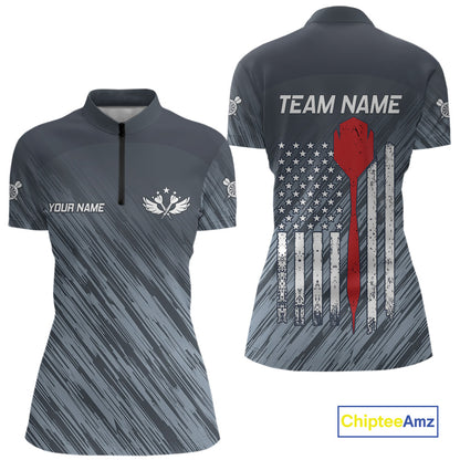 American Flag Grey Grunge Darts Polo & Quarter Zip Custom Dart Shirt For Women Patriotic Dart Jersey TDM4699