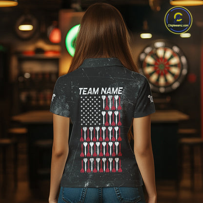 American Flag Black Grunge Darts Polo & 1/4 Zip Custom Darts Shirt For Women Patriotic Dart Jersey TDM4700