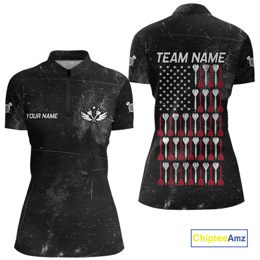 American Flag Black Grunge Darts Polo & 1/4 Zip Custom Darts Shirt For Women Patriotic Dart Jersey TDM4700