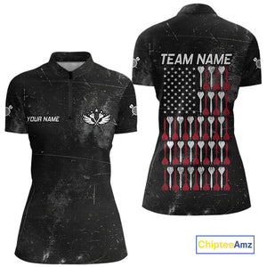 American Flag Black Grunge Darts Polo & 1/4 Zip Custom Darts Shirt For Women Patriotic Dart Jersey TDM4700