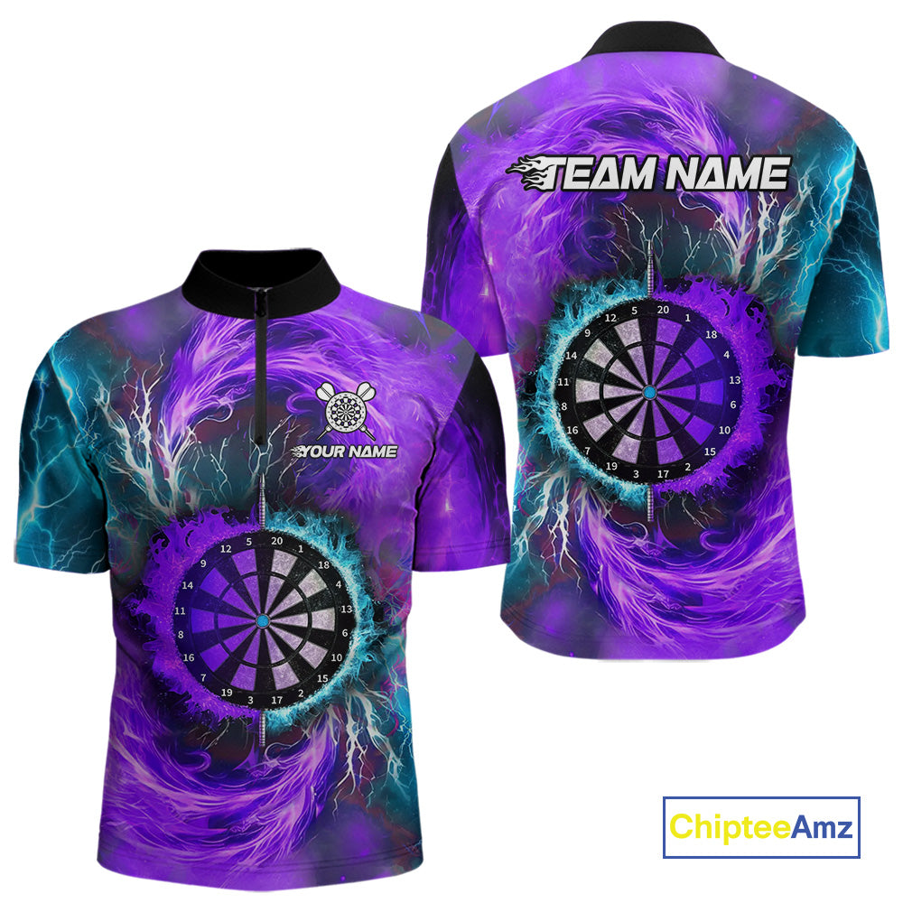 Blue And Purple Flame Lightning Darts Shirt For Men Custom Darts Team Jersey Polo & Quarter Zip TDM4701