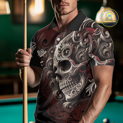 Personalized Red 8 Ball Pool Skull Billiard Shirts For Men Custom Billiard League Team Jersey TDM7388