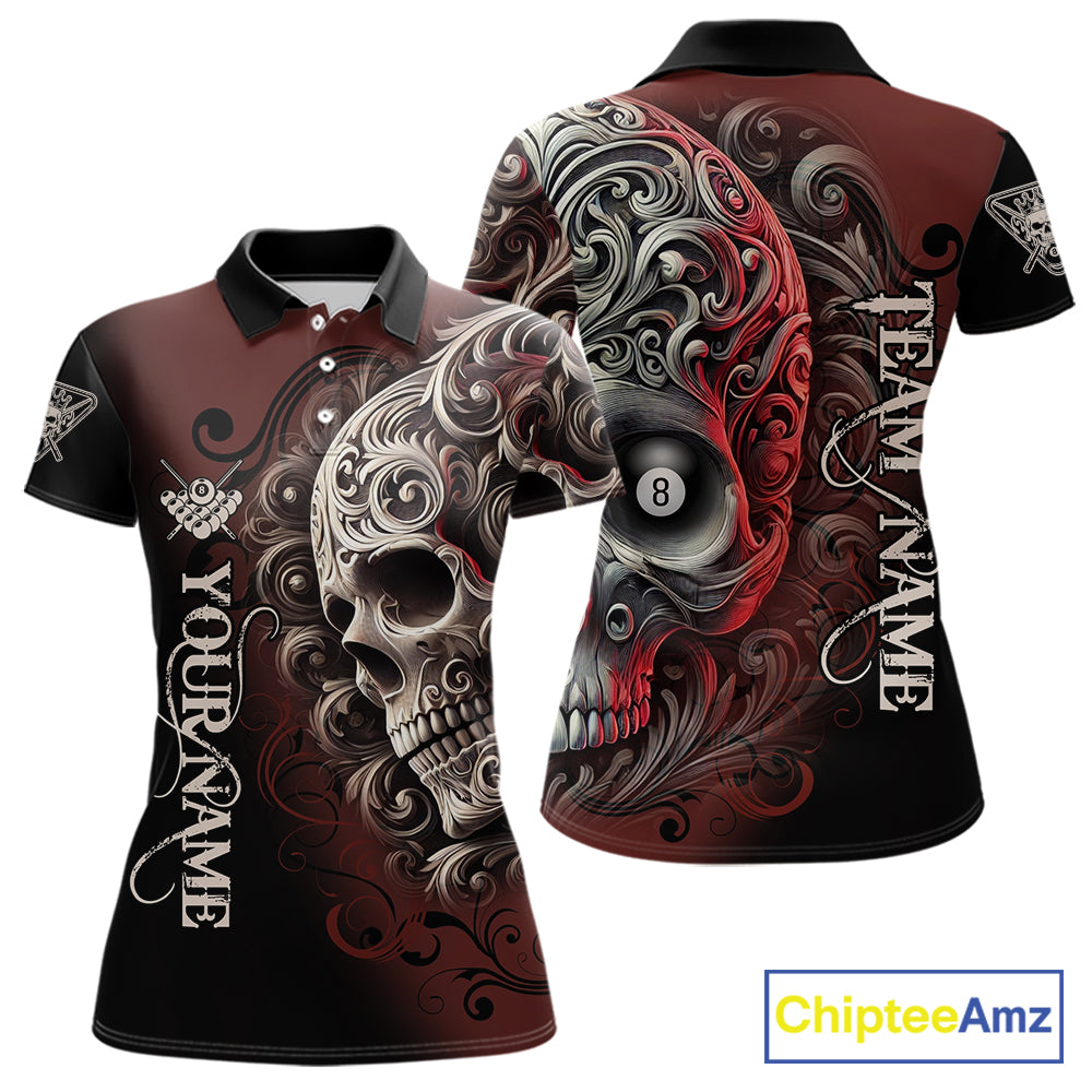 Personalized Red 8 Ball Pool Skull Billiard Shirts For Women Custom Billiard League Team Jersey TDM7388
