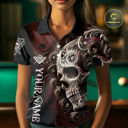 Personalized Red 8 Ball Pool Skull Billiard Shirts For Women Custom Billiard League Team Jersey TDM7388