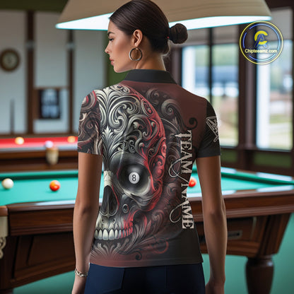 Personalized Red 8 Ball Pool Skull Billiard Shirts For Women Custom Billiard League Team Jersey TDM7388