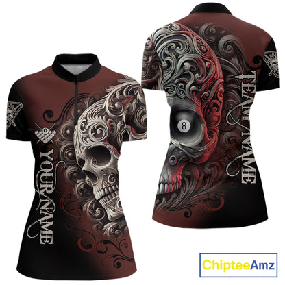 Personalized Red 8 Ball Pool Skull Billiard Shirts For Women Custom Billiard League Team Jersey TDM7388