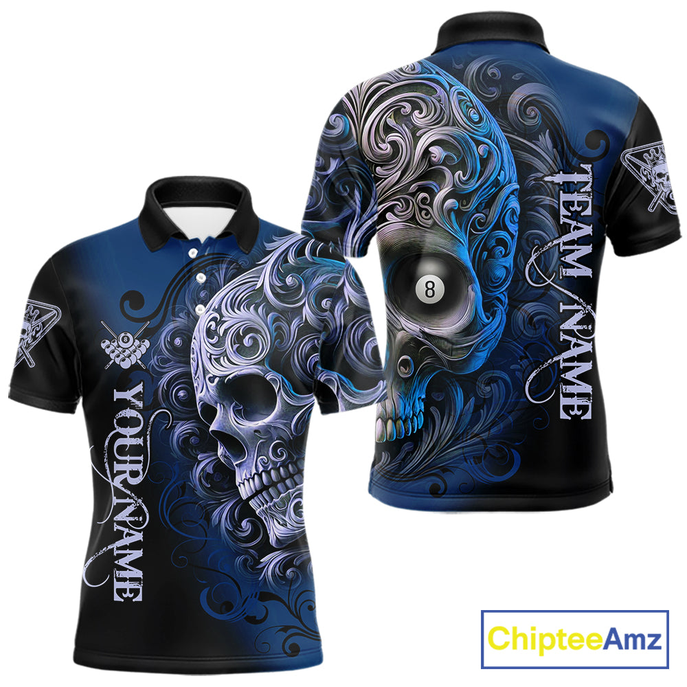 Personalized Blue 8 Ball Pool Skull Billiard Shirts For Men Custom Billiard League Team Jersey TDM7389