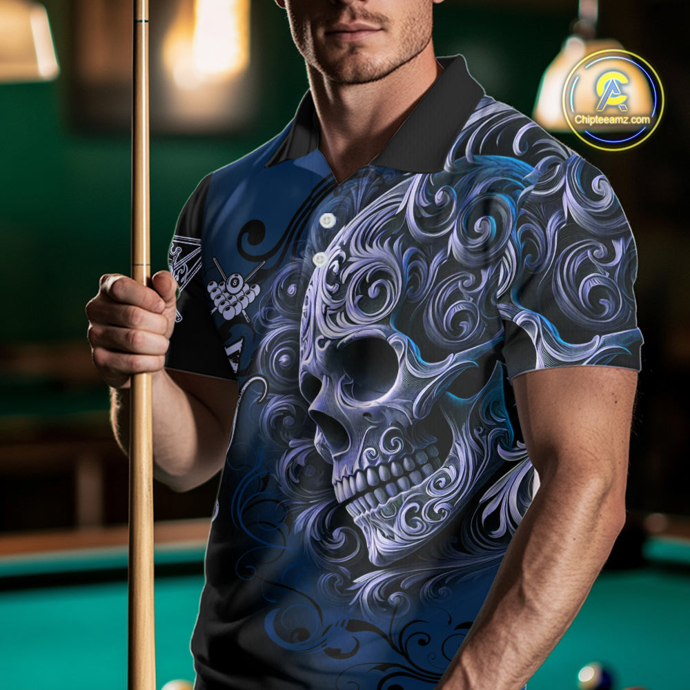 Personalized Blue 8 Ball Pool Skull Billiard Shirts For Men Custom Billiard League Team Jersey TDM7389