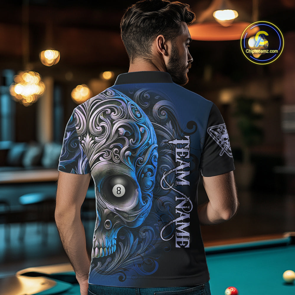 Personalized Blue 8 Ball Pool Skull Billiard Shirts For Men Custom Billiard League Team Jersey TDM7389