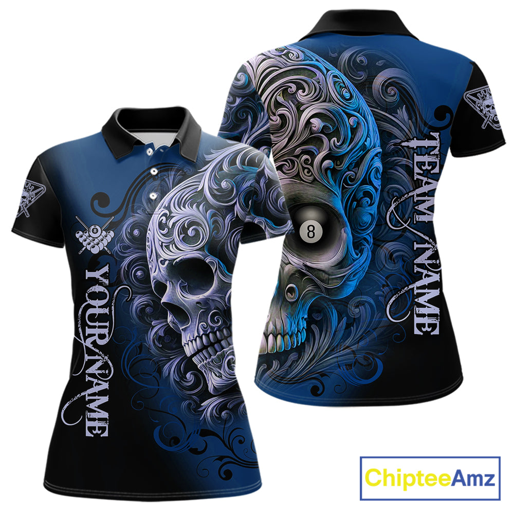 Personalized Blue 8 Ball Pool Skull Billiard Shirts For Women Custom Billiard League Team Jersey TDM7389