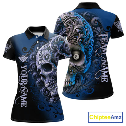 Personalized Blue 8 Ball Pool Skull Billiard Shirts For Women Custom Billiard League Team Jersey TDM7389