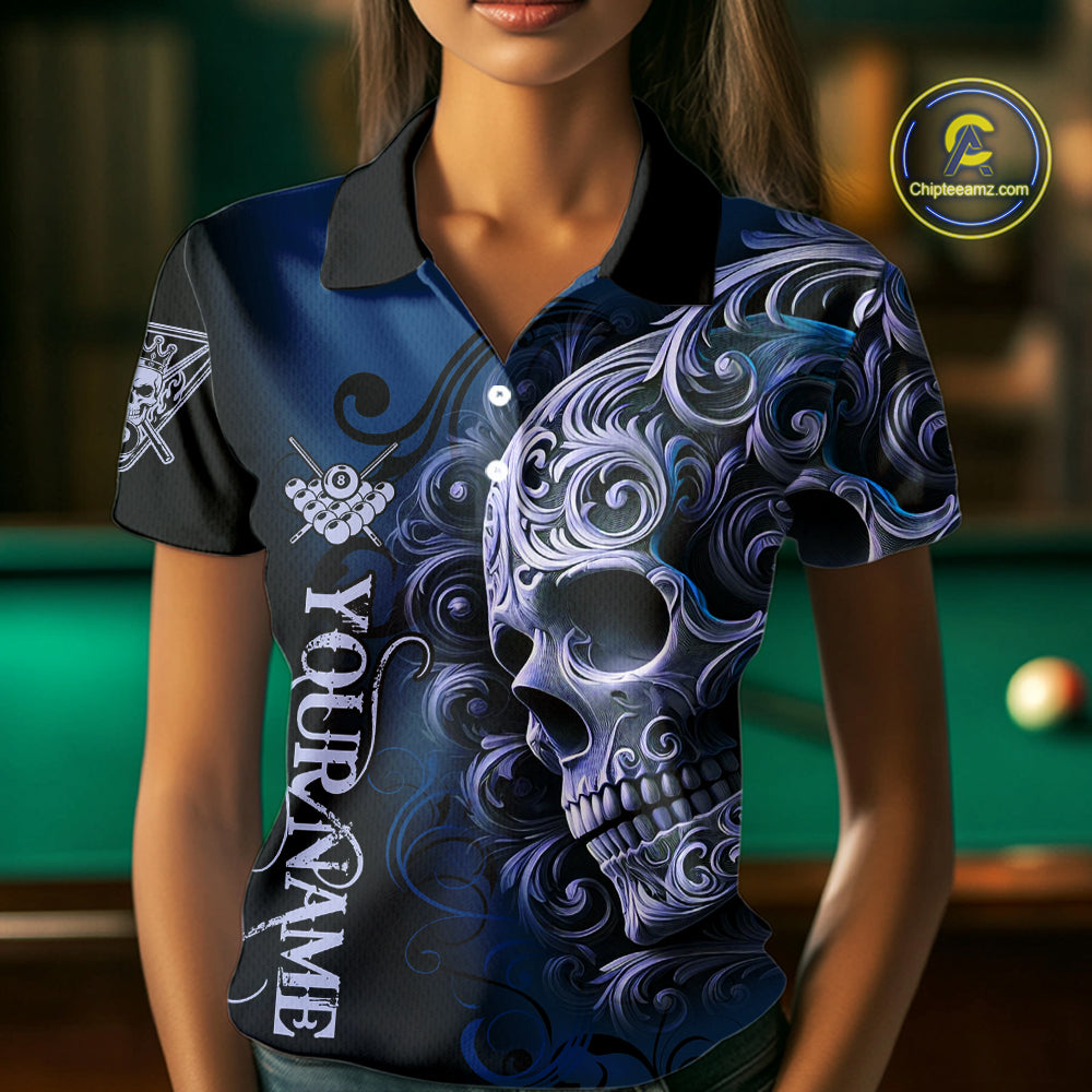 Personalized Blue 8 Ball Pool Skull Billiard Shirts For Women Custom Billiard League Team Jersey TDM7389