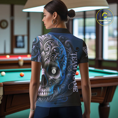 Personalized Blue 8 Ball Pool Skull Billiard Shirts For Women Custom Billiard League Team Jersey TDM7389