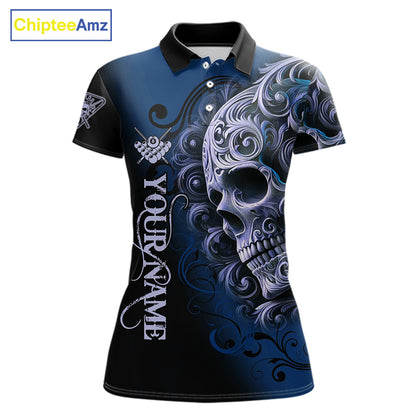 Personalized Blue 8 Ball Pool Skull Billiard Shirts For Women Custom Billiard League Team Jersey TDM7389