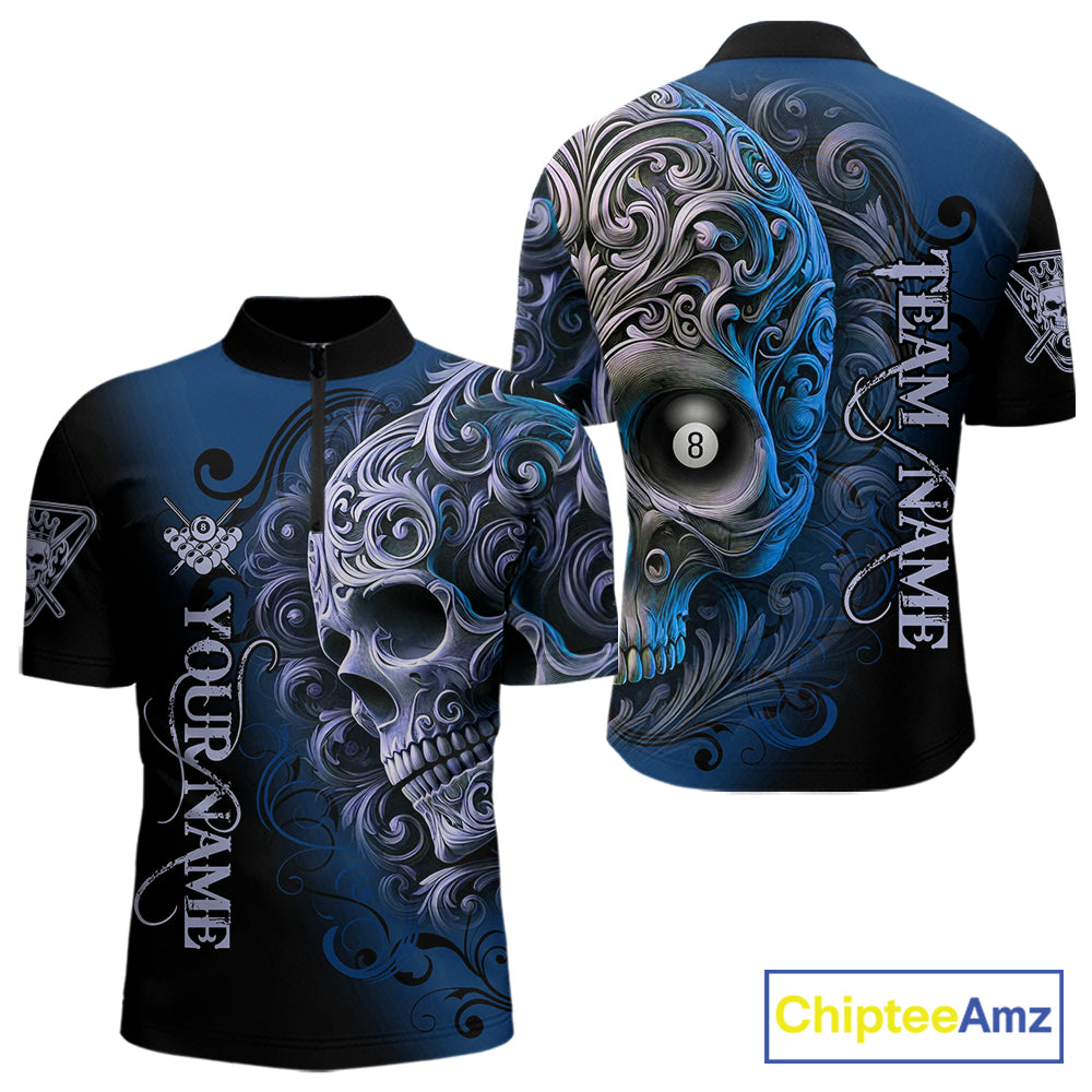 Personalized Blue 8 Ball Pool Skull Billiard Shirts For Men Custom Billiard League Team Jersey TDM7389