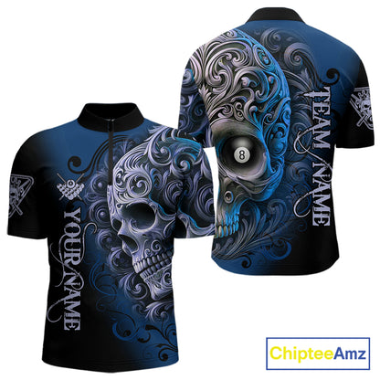 Personalized Blue 8 Ball Pool Skull Billiard Shirts For Men Custom Billiard League Team Jersey TDM7389