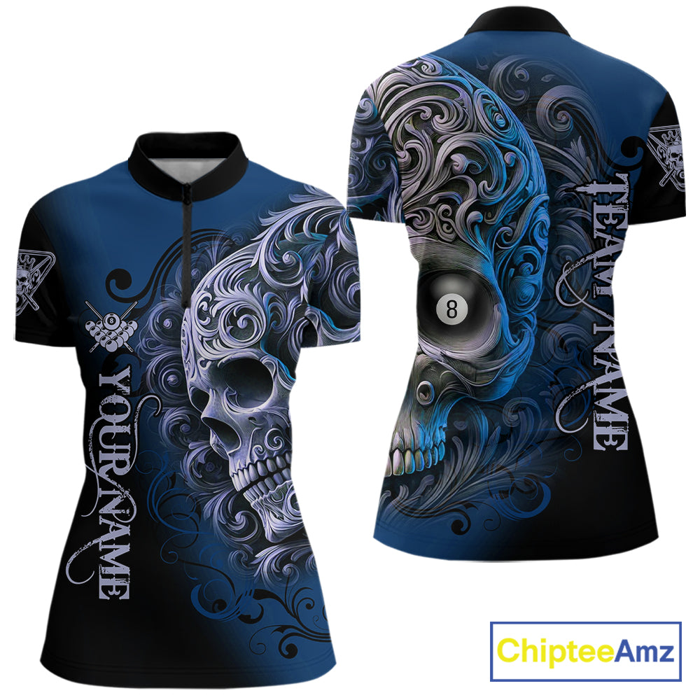 Personalized Blue 8 Ball Pool Skull Billiard Shirts For Women Custom Billiard League Team Jersey TDM7389