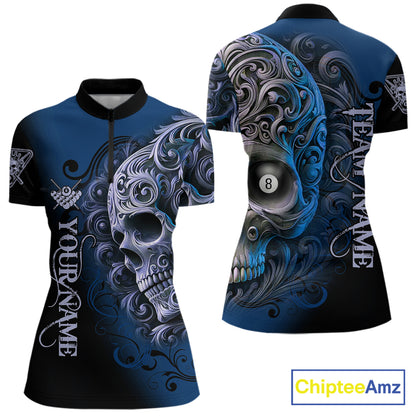 Personalized Blue 8 Ball Pool Skull Billiard Shirts For Women Custom Billiard League Team Jersey TDM7389