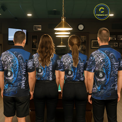 Personalized Blue 8 Ball Pool Skull Billiard Shirts For Men Custom Billiard League Team Jersey TDM7389