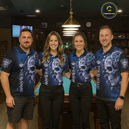 Personalized Blue 8 Ball Pool Skull Billiard Shirts For Men Custom Billiard League Team Jersey TDM7389