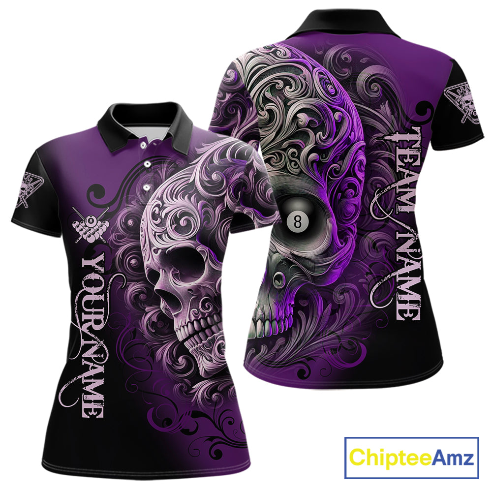 Personalized Purple 8 Ball Pool Skull Billiard Shirts For Women Custom Billiard League Team Jersey TDM7390