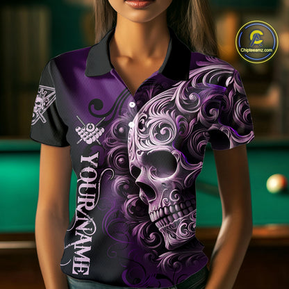 Personalized Purple 8 Ball Pool Skull Billiard Shirts For Women Custom Billiard League Team Jersey TDM7390