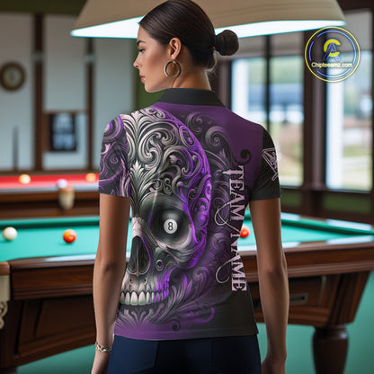 Personalized Purple 8 Ball Pool Skull Billiard Shirts For Women Custom Billiard League Team Jersey TDM7390