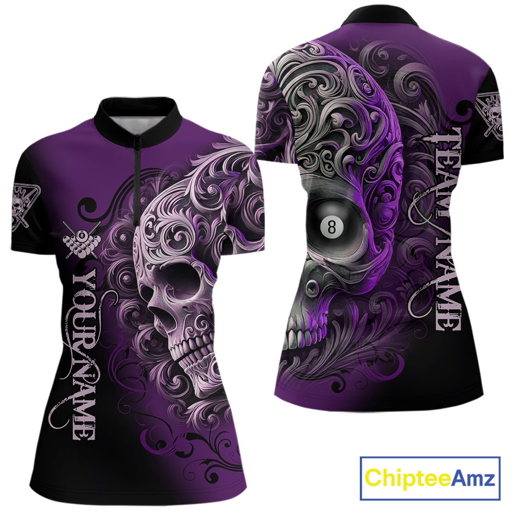 Personalized Purple 8 Ball Pool Skull Billiard Shirts For Women Custom Billiard League Team Jersey TDM7390