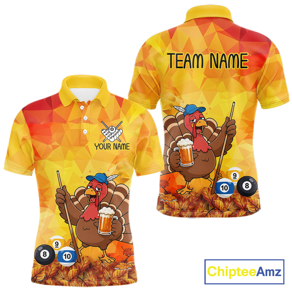 Yellow Funny Drunk Turkey Beer Billiard Shirts For Men Custom Thanksgiving Pool Team Jersey TDM7391