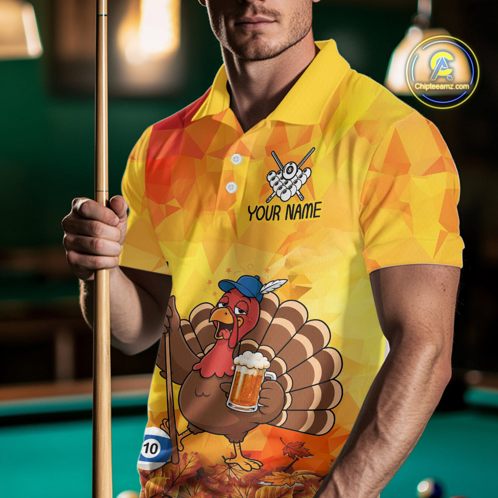 Yellow Funny Drunk Turkey Beer Billiard Shirts For Men Custom Thanksgiving Pool Team Jersey TDM7391