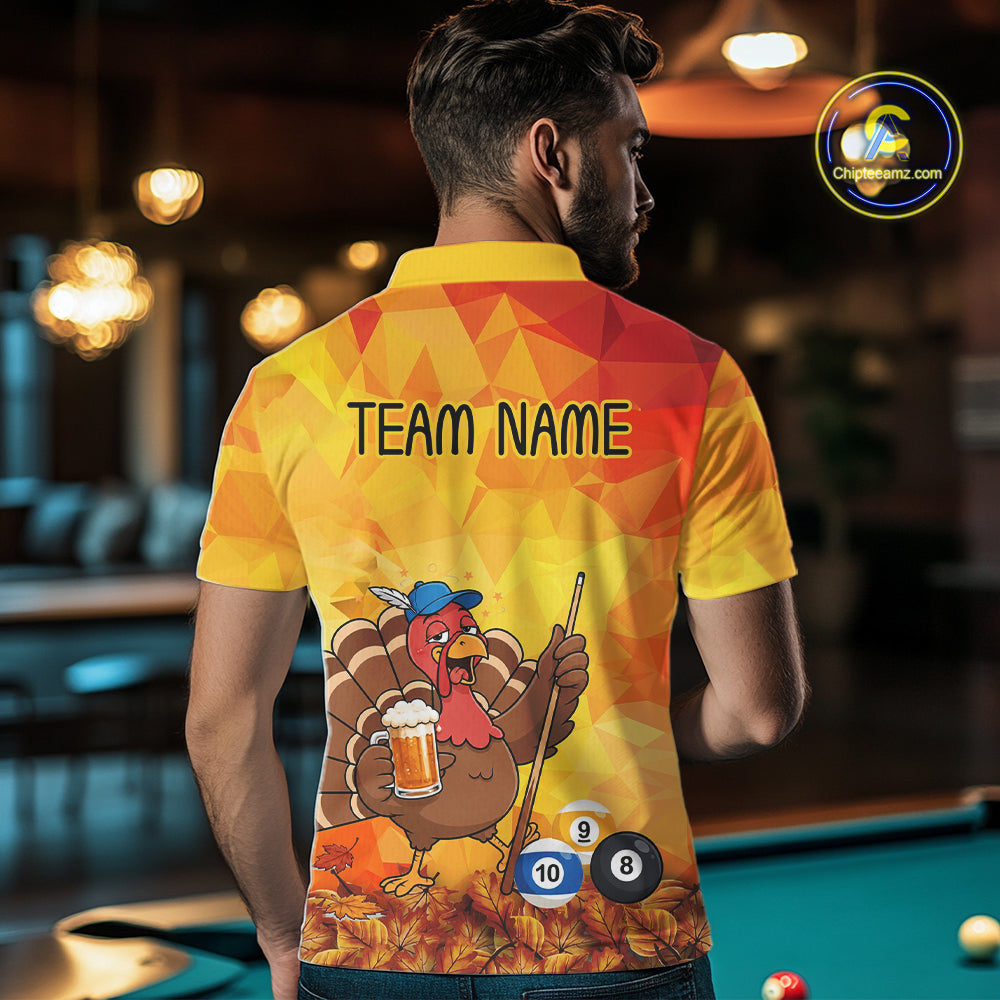 Yellow Funny Drunk Turkey Beer Billiard Shirts For Men Custom Thanksgiving Pool Team Jersey TDM7391