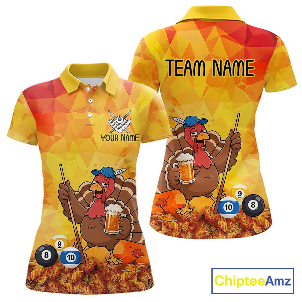 Yellow Funny Drunk Turkey Beer Billiard Shirts For Women Custom Thanksgiving Pool Team Jersey TDM7391