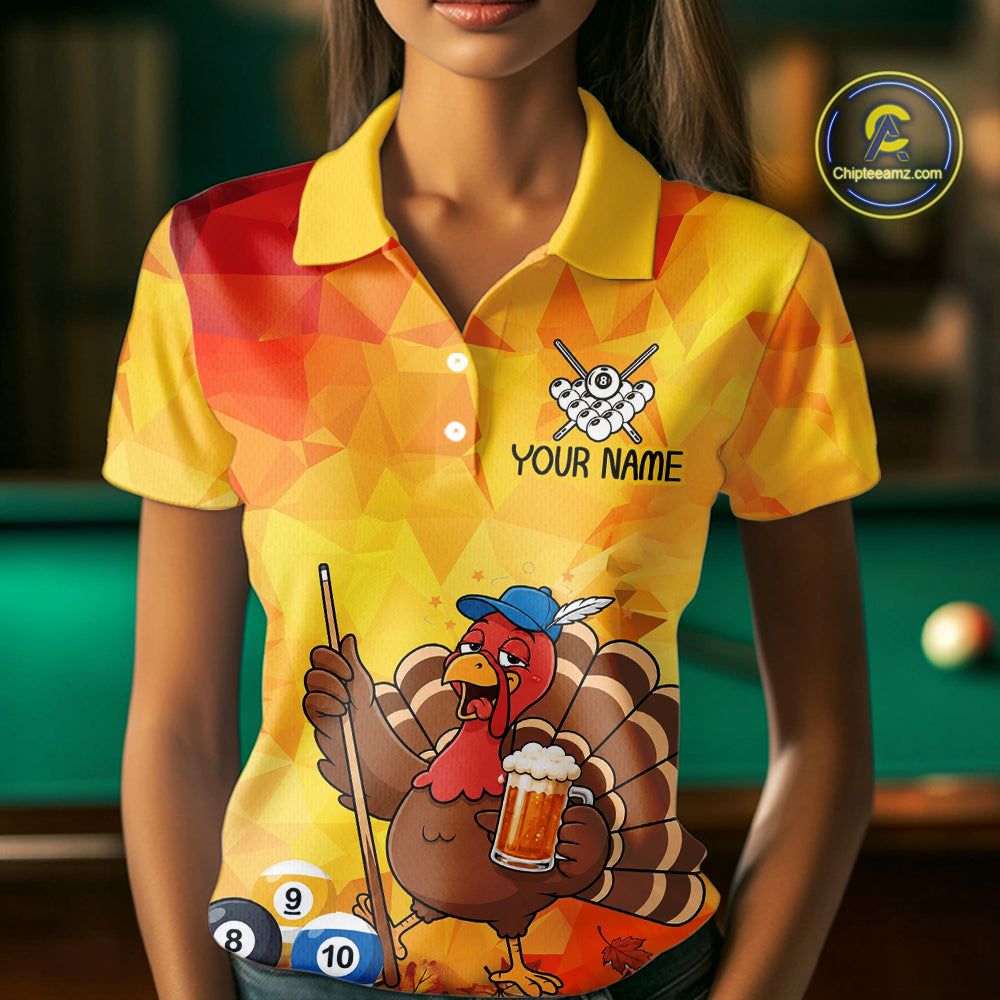 Yellow Funny Drunk Turkey Beer Billiard Shirts For Women Custom Thanksgiving Pool Team Jersey TDM7391