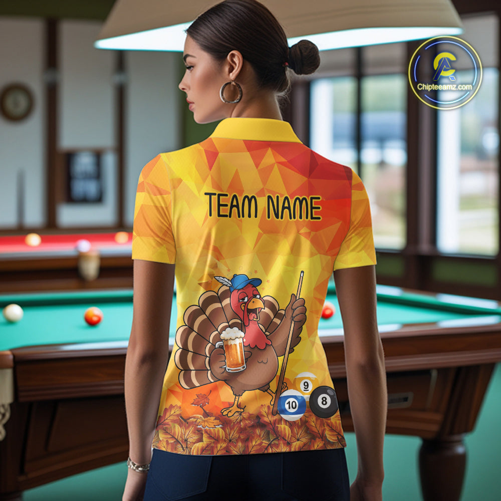 Yellow Funny Drunk Turkey Beer Billiard Shirts For Women Custom Thanksgiving Pool Team Jersey TDM7391