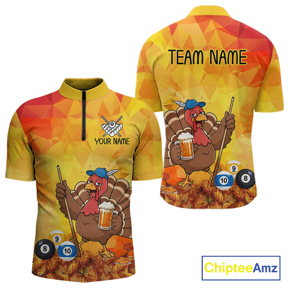 Yellow Funny Drunk Turkey Beer Billiard Shirts For Men Custom Thanksgiving Pool Team Jersey TDM7391