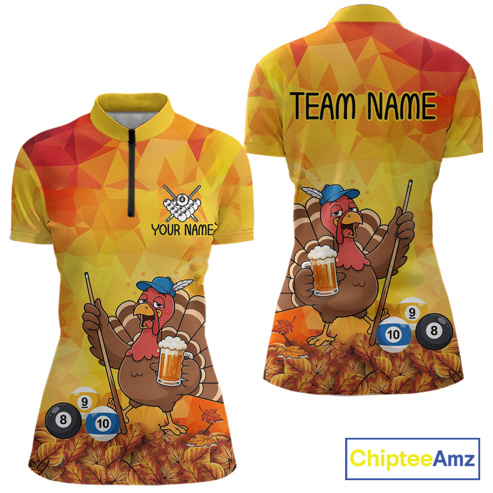 Yellow Funny Drunk Turkey Beer Billiard Shirts For Women Custom Thanksgiving Pool Team Jersey TDM7391