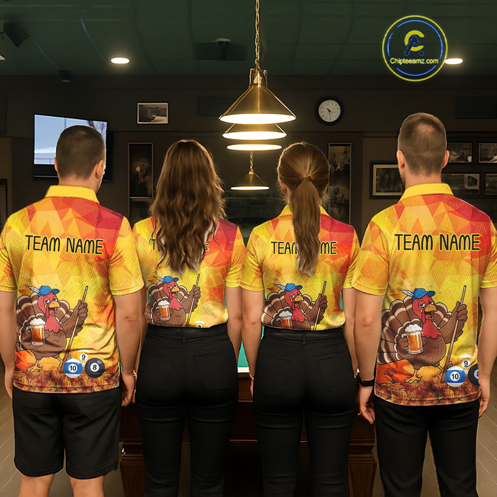 Yellow Funny Drunk Turkey Beer Billiard Shirts For Men Custom Thanksgiving Pool Team Jersey TDM7391