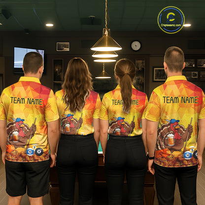 Yellow Funny Drunk Turkey Beer Billiard Shirts For Men Custom Thanksgiving Pool Team Jersey TDM7391
