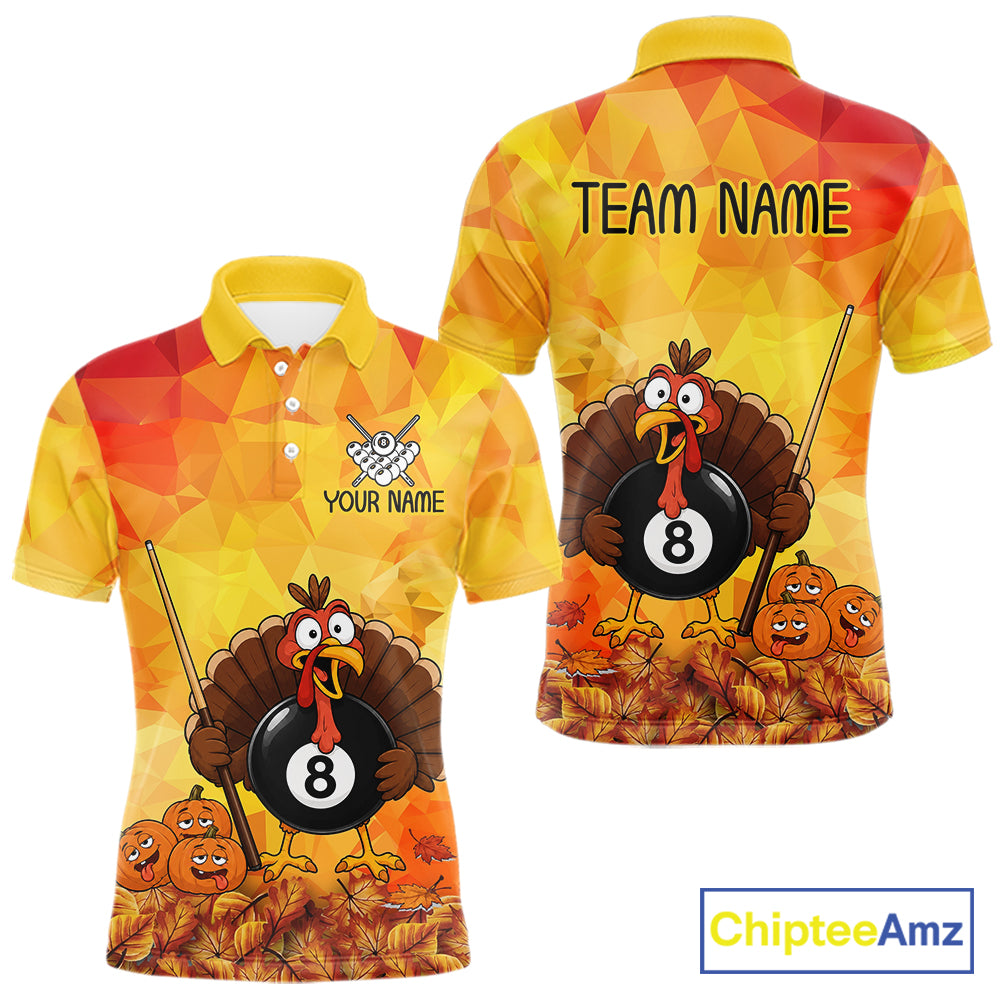 Yellow Funny Turkey 8 Ball Pool Billiard Shirts For Men Custom Thanksgiving Pool Team Jersey TDM7392