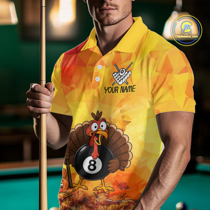 Yellow Funny Turkey 8 Ball Pool Billiard Shirts For Men Custom Thanksgiving Pool Team Jersey TDM7392