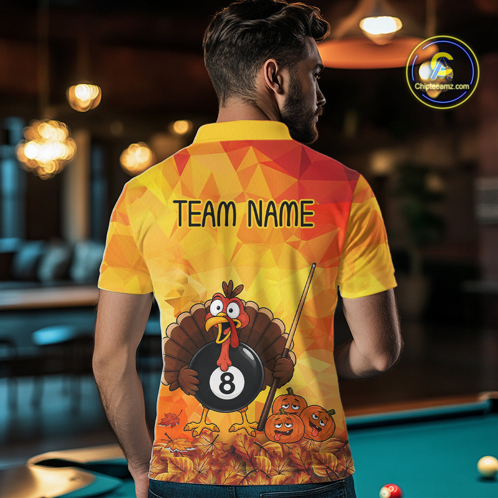Yellow Funny Turkey 8 Ball Pool Billiard Shirts For Men Custom Thanksgiving Pool Team Jersey TDM7392
