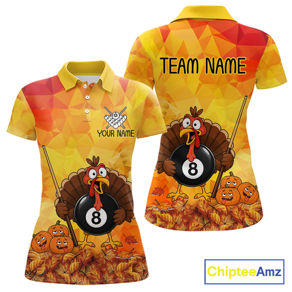 Yellow Funny Turkey 8 Ball Pool Billiard Shirts For Women Custom Thanksgiving Pool Team Jersey TDM7392