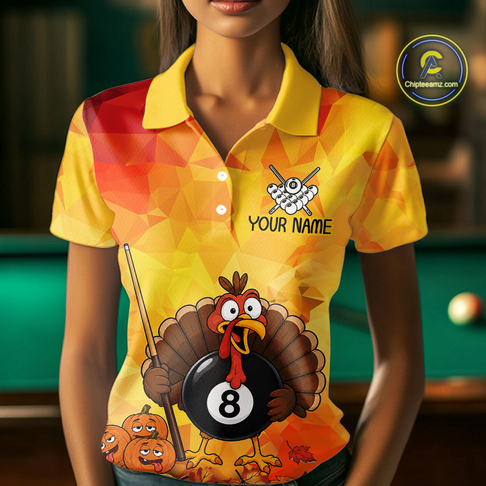 Yellow Funny Turkey 8 Ball Pool Billiard Shirts For Women Custom Thanksgiving Pool Team Jersey TDM7392